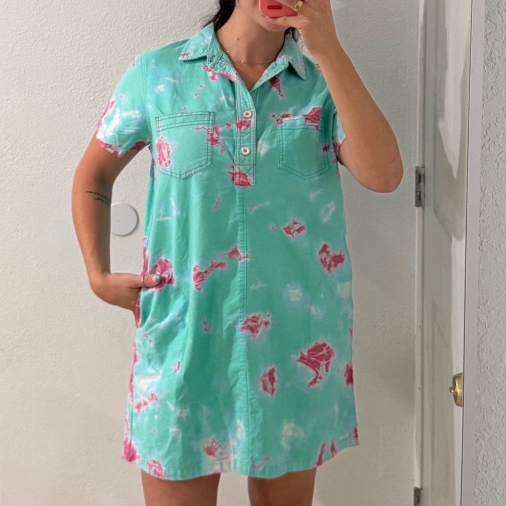 Mokuyobi Teal Pink Tie Dye Canvas Button Down Utility Shift Dress Large